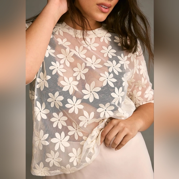 Porridge Tops - Anthropologie Porridge Ivory Sheer Floral Embroidered Mesh Top Size Small